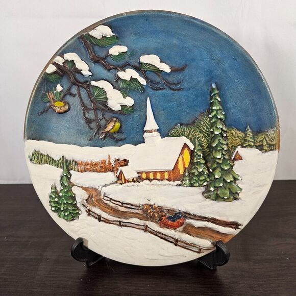 Byron Molds 1980 Winter Christmas Scene 3D Handpainted 10" Ceramic Wall Plate - Picture 1 of 5